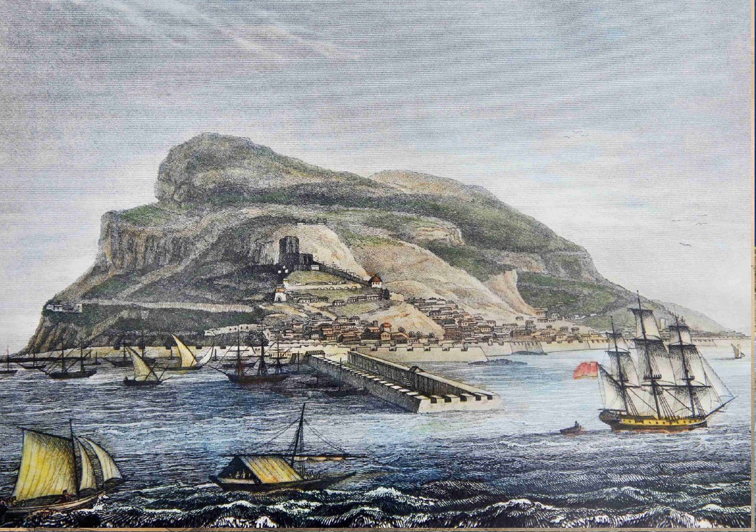 ENERO- Vista de Gibraltar, la ciudad y el viejo muelle a principios del siglo XIX.jpg